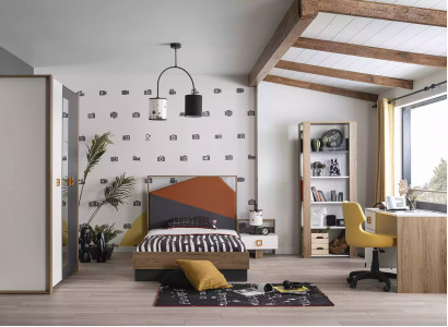 Bed frame children's room set bed set desk gray 5-piece wood